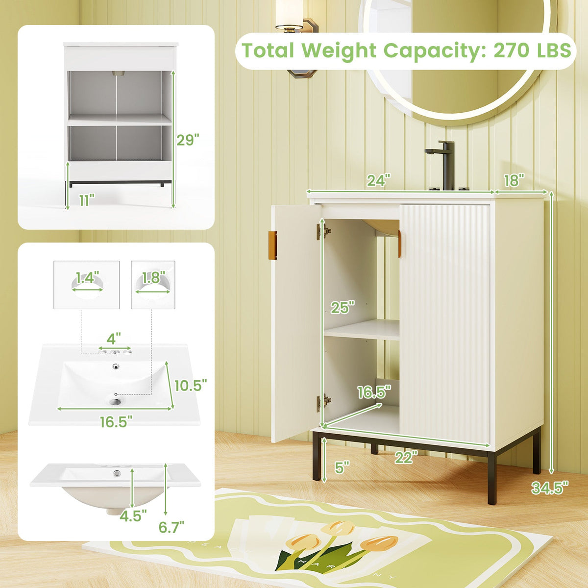 24 Inch Bathroom Vanity with Sink Combo and Adjustable Shelf-White
