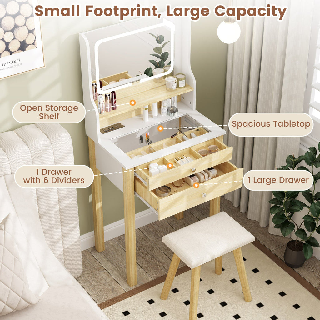 Small Vanity Desk Set with Adjustable LED Lighted Mirror and Power Outlets-White
