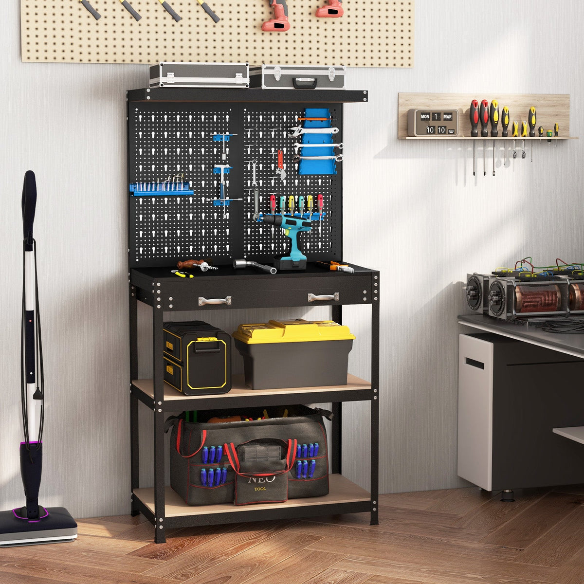 Tool Storage Workbench with Pegboard with 14 Hanging Accessories for Garage