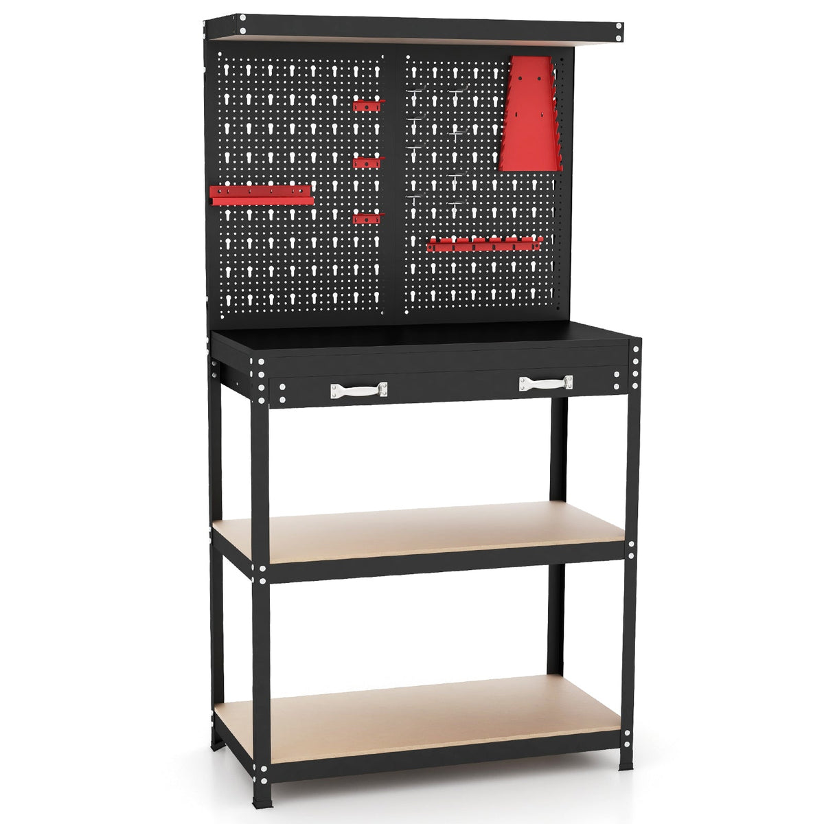 Tool Storage Workbench with Pegboard with 14 Hanging Accessories for Garage