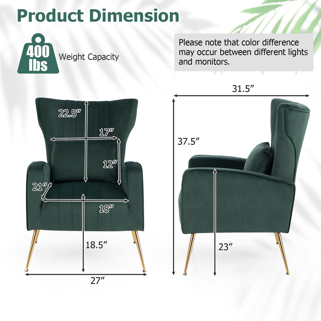 Velvet Upholstered Wingback Chair with Lumbar Pillow and Golden Metal Legs
