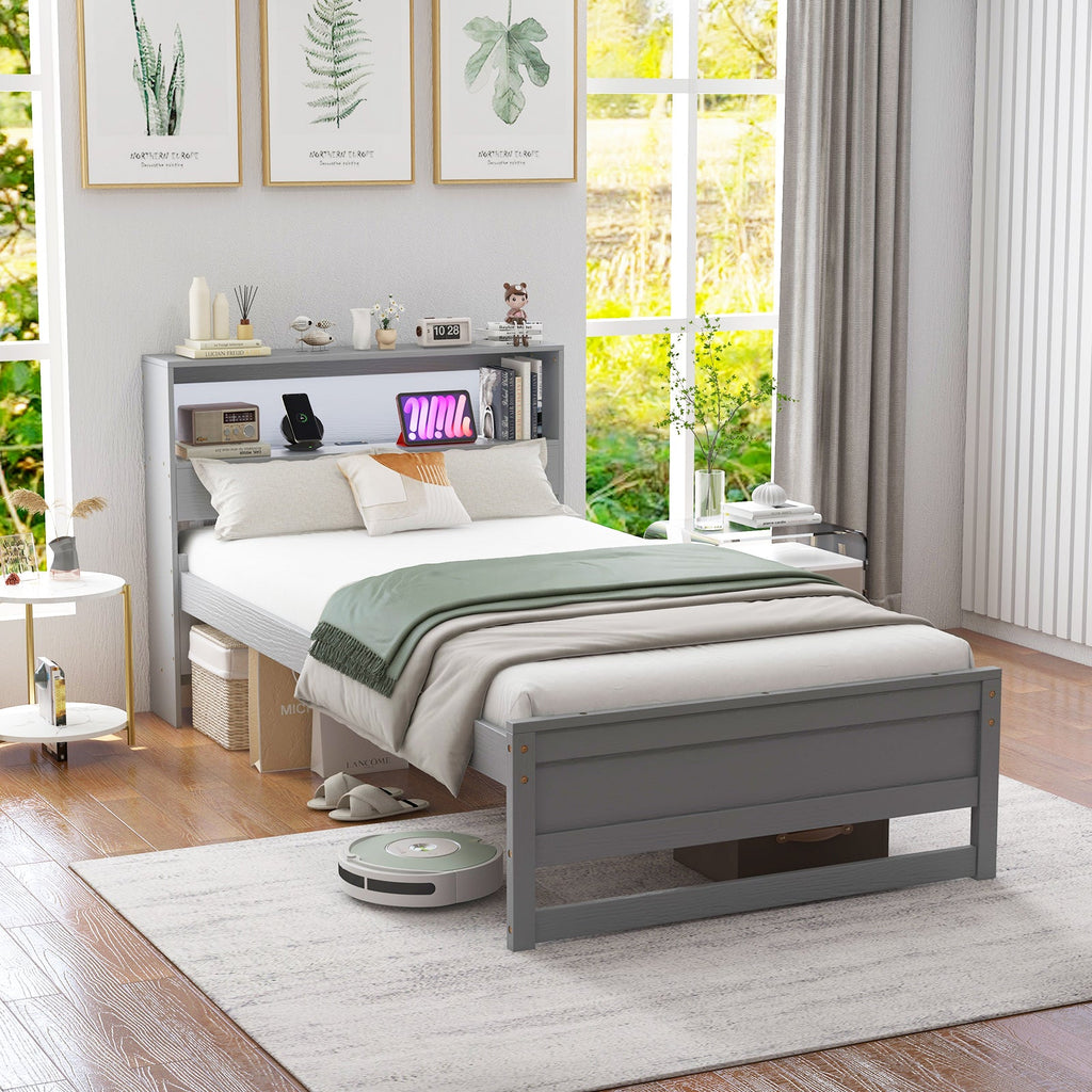 Twin Size Bed Frame with Storage Headboard and Charging Station