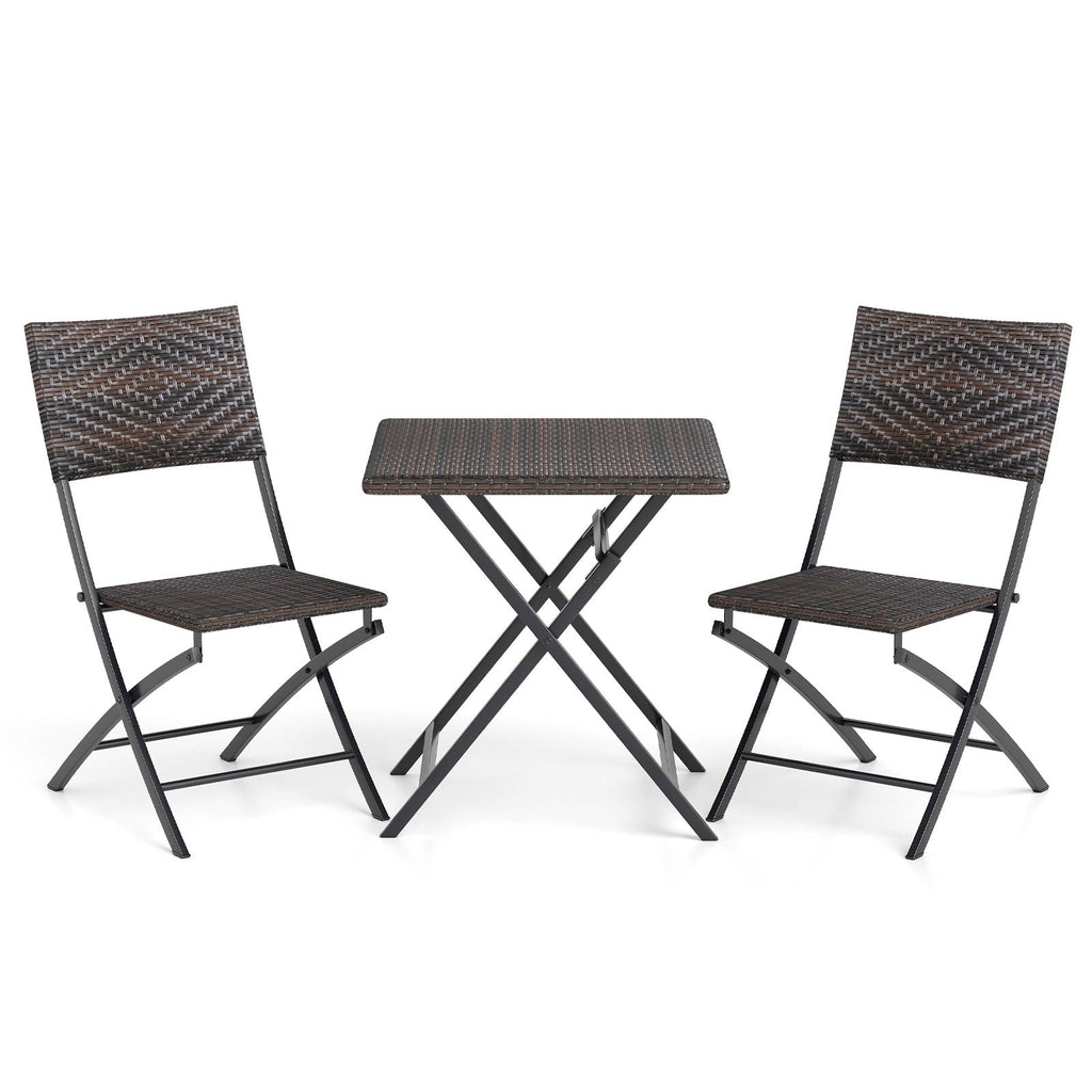 3 Piece Rattan Bistro Set Outdoor Folding Dining Table and Chairs with Wicker Seat