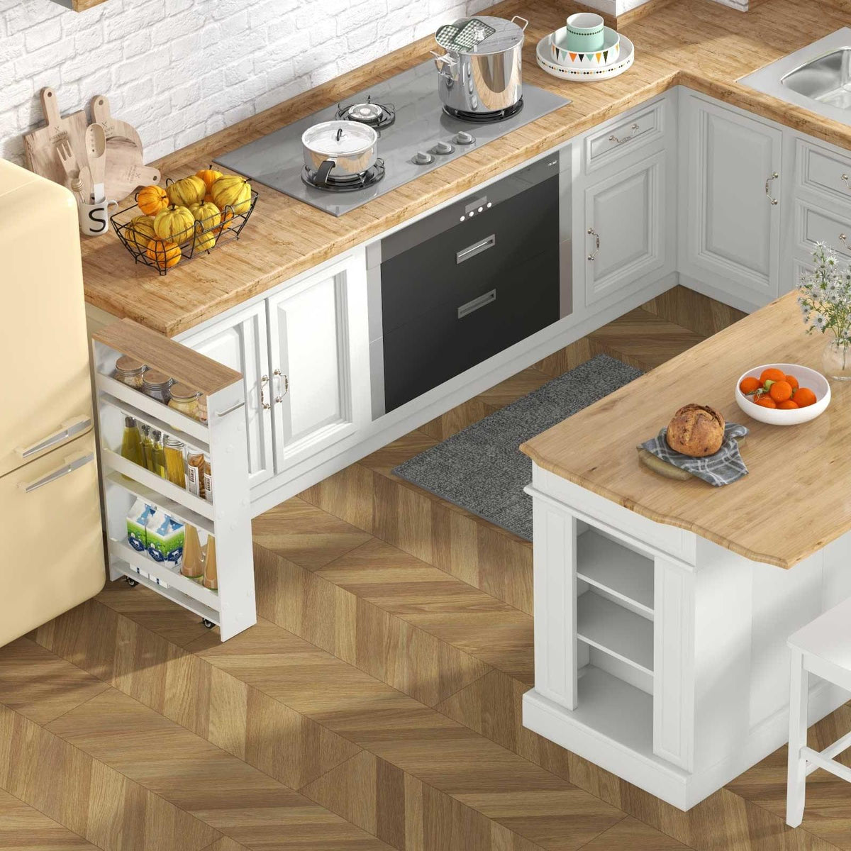 3-Piece Kitchen Furniture Set: Kitchen Island + 2 Bar Stools + Narrow Storage Cart