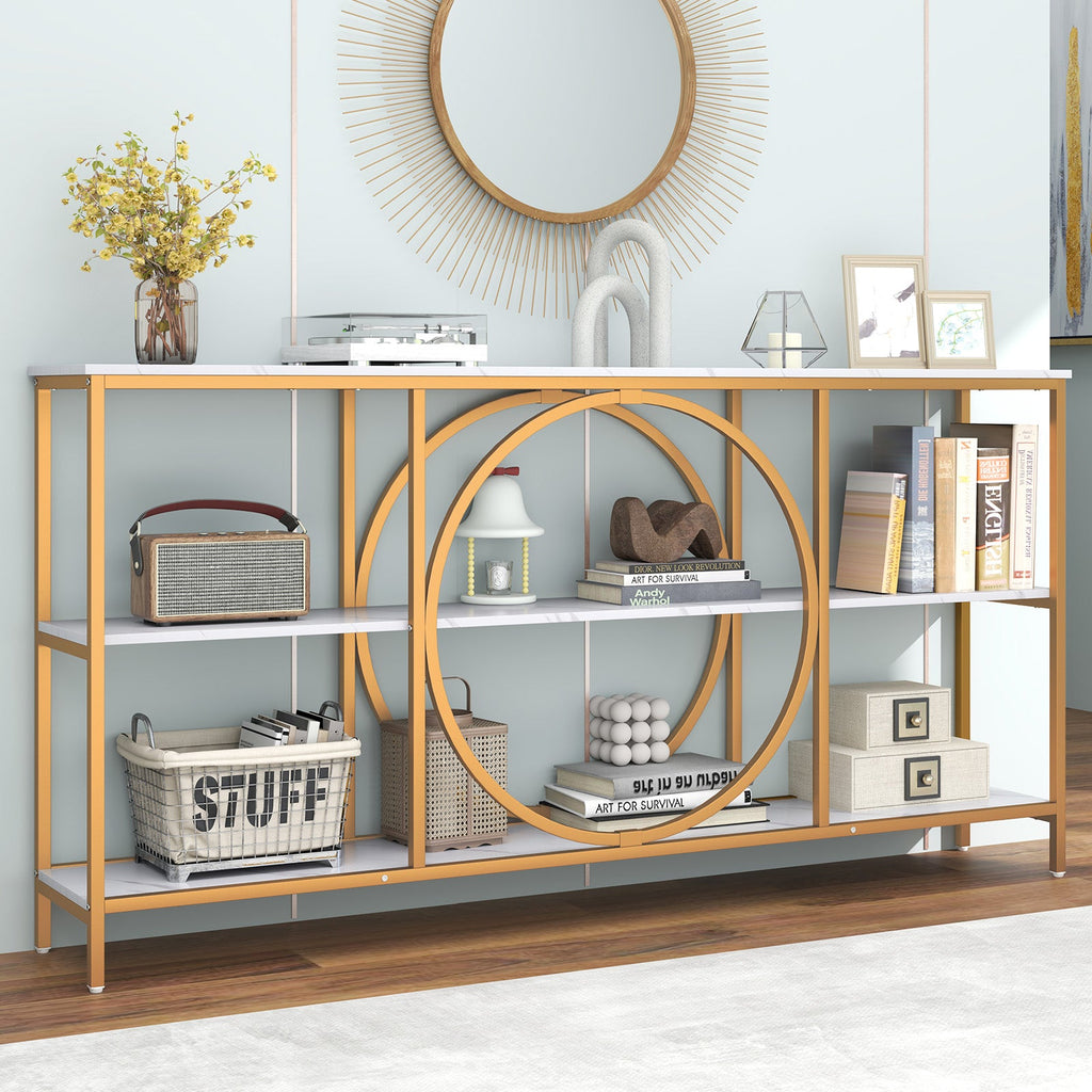 3-Tier Console Table with Faux Marble Top and Storage Shelves for Hallway Living Room