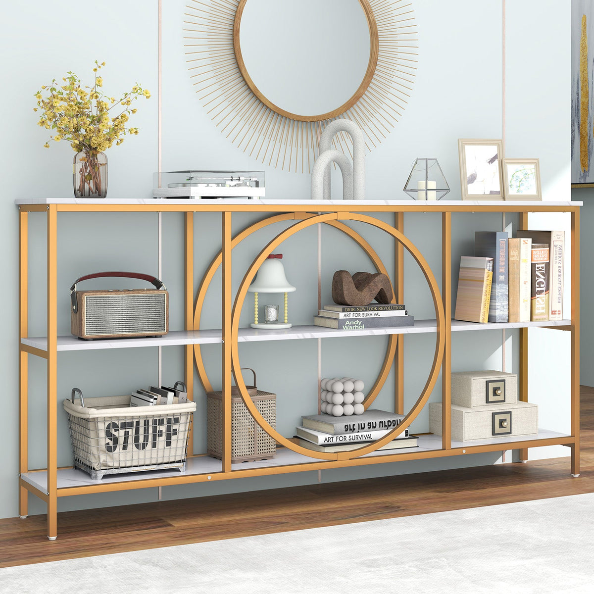 3-Tier Console Table with Faux Marble Top and Storage Shelves for Hallway Living Room