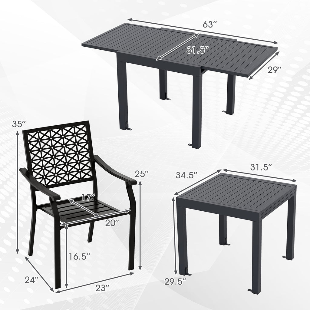 Patio Rectangular Aluminum Table and Stackable Armchairs Set with Slatted Tabletop and Seats