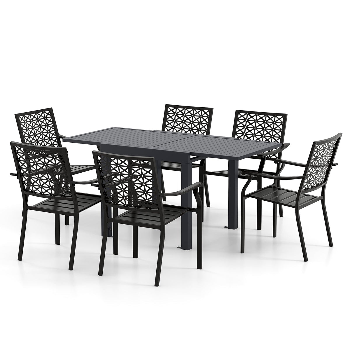 Patio Rectangular Aluminum Table and Stackable Armchairs Set with Slatted Tabletop and Seats