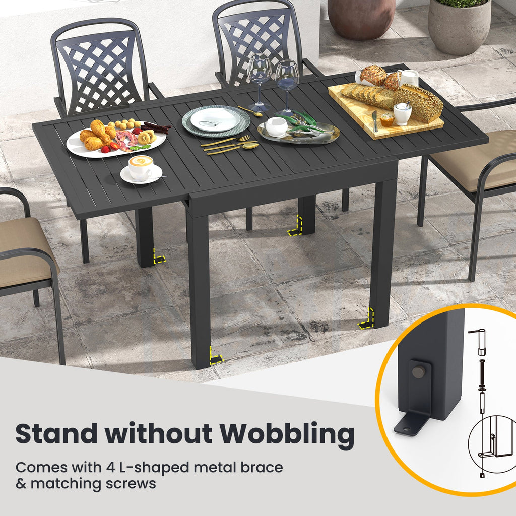 Patio Rectangular Aluminum Table and Stackable Armchairs Set with Slatted Tabletop and Seats