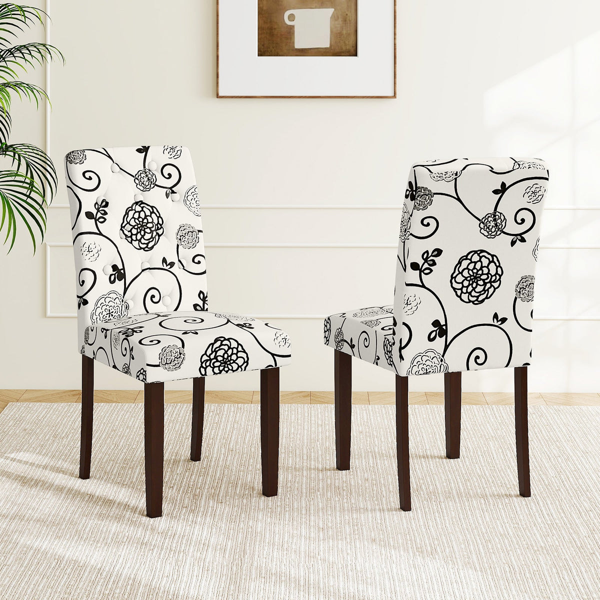 Button Tufted Fabric Upholstered Wooden Dining Chair Set of 2 with High Curved Back