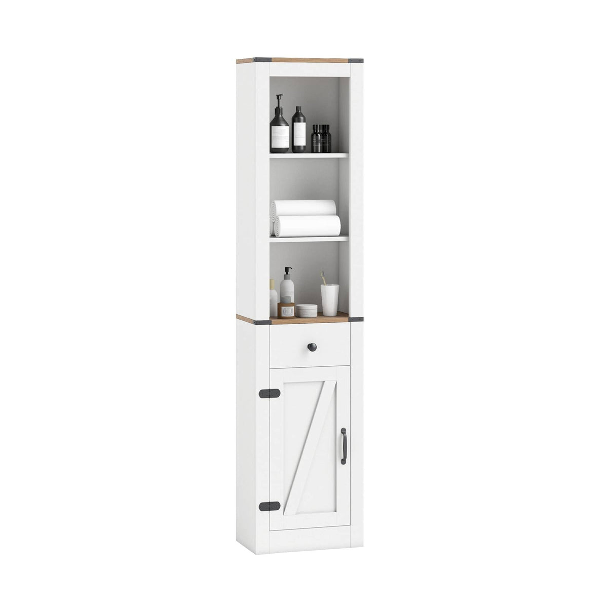 68 inch Tall Bathroom Cabinet with Barn Door Narrow Slim Storage Organizer Unit with Drawer-White
