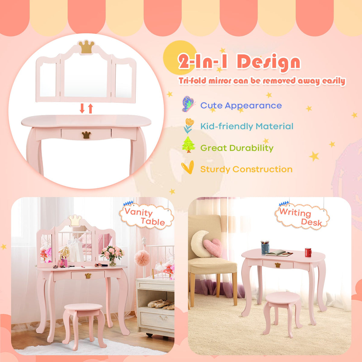 Kids Vanity Set + Kids Jewelry Armoire with Full-Length Mirror with Drawer