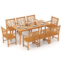 9-Pieces Patio Dining Table Set Wood Rectangular Dining Table with 8 Chairs and Slatted Tabletop