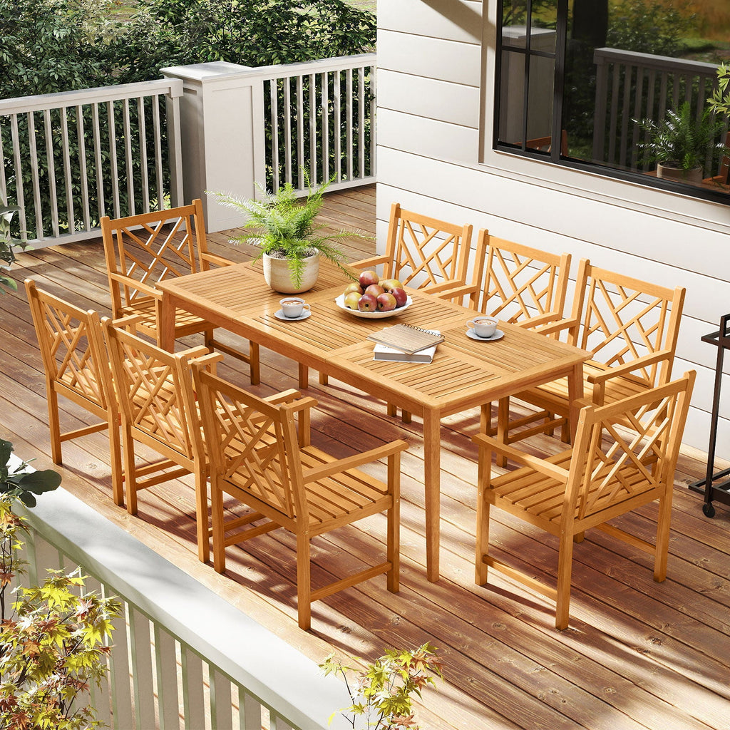 9-Pieces Patio Dining Table Set Wood Rectangular Dining Table with 8 Chairs and Slatted Tabletop