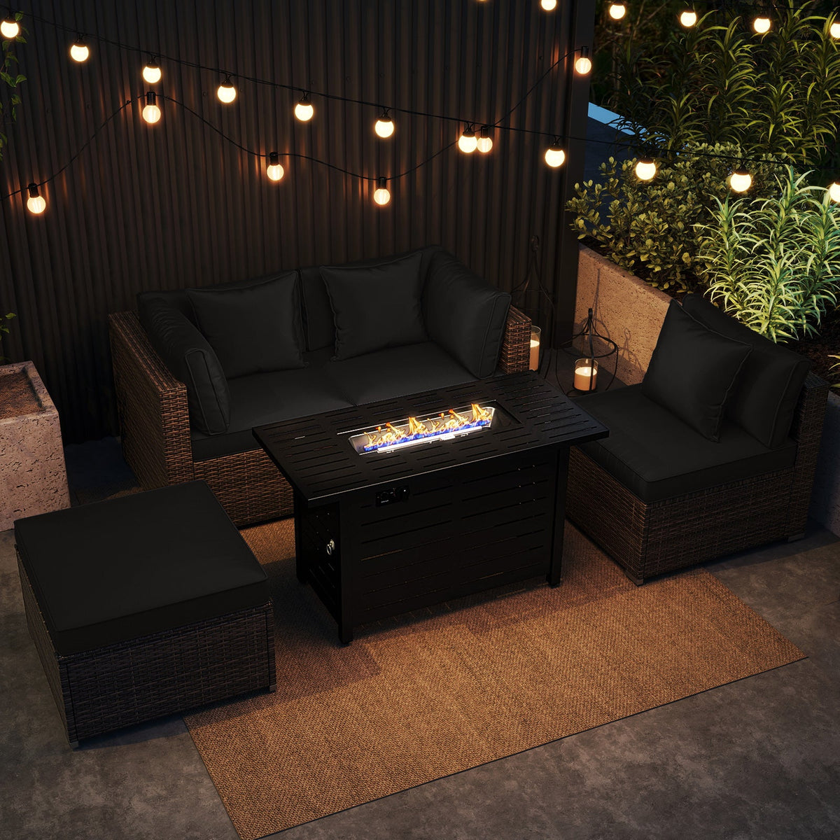 Heavy-duty Frame Rattan Sofa Set with 60000 BTU Firepit Table