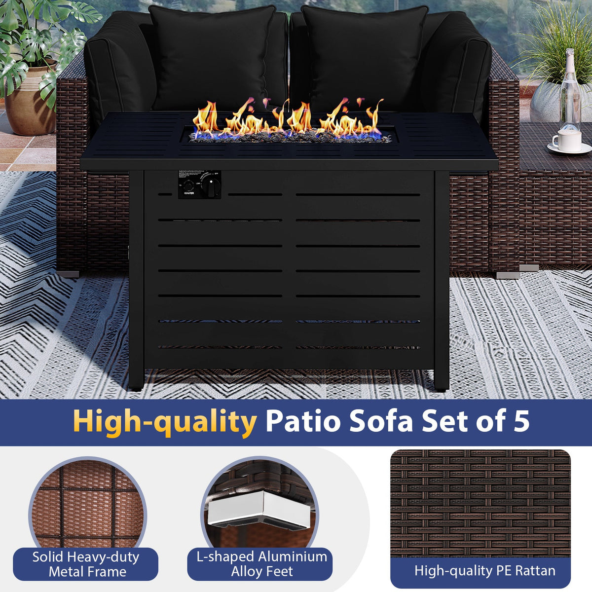 Heavy-duty Frame Rattan Sofa Set with 60000 BTU Firepit Table