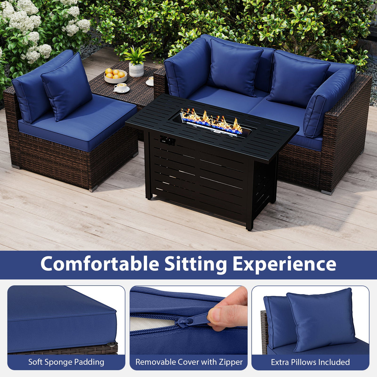 Heavy-duty Frame Rattan Sofa Set with 60000 BTU Firepit Table