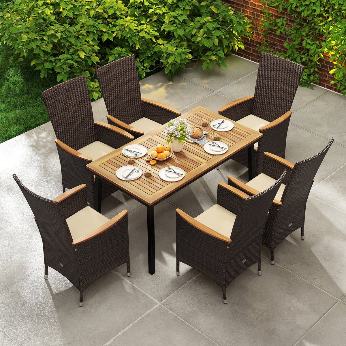 Outdoor Dining Set for 6 Patio Wicker Armchairs and Acacia Wood Table