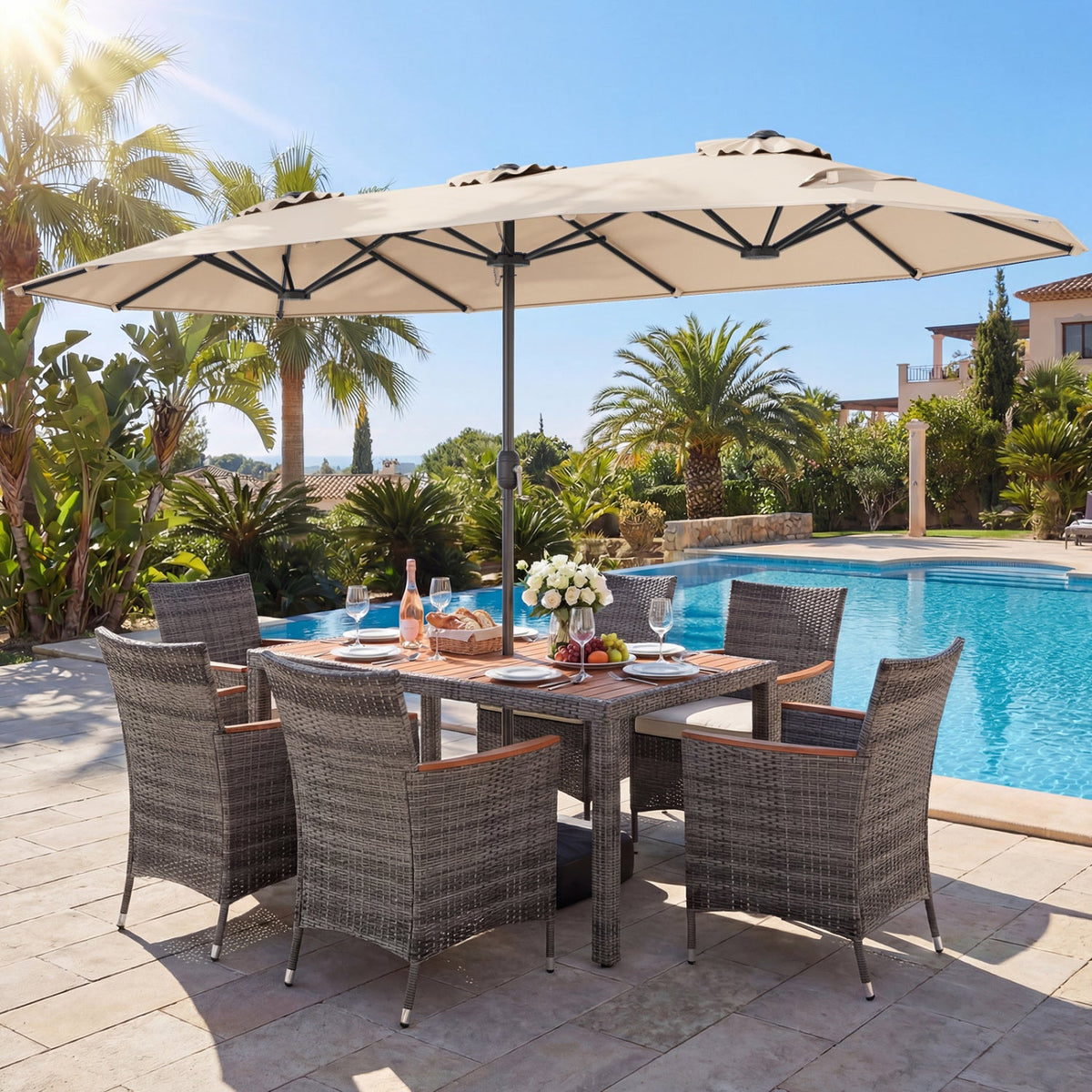 8-Piece Patio Dining Set with Double-Sided Market Umbrella