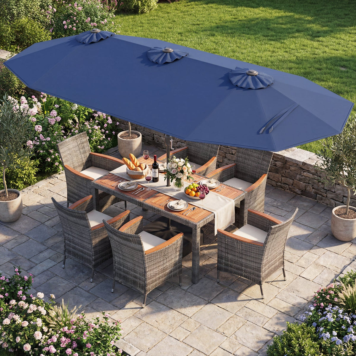 8-Piece Patio Dining Set with Double-Sided Market Umbrella
