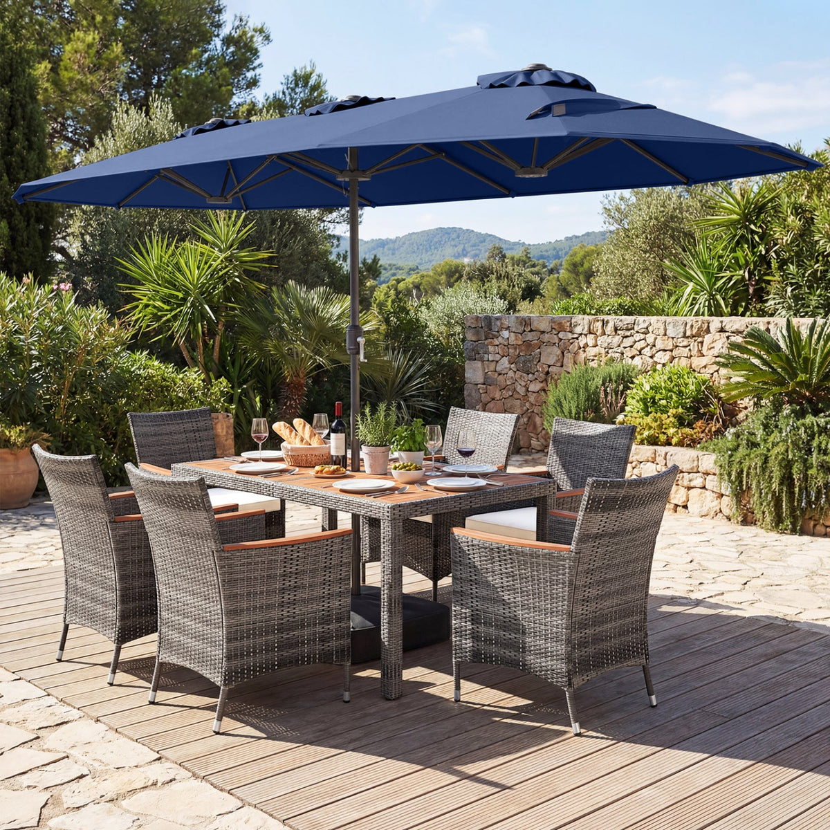 8-Piece Patio Dining Set with Double-Sided Market Umbrella
