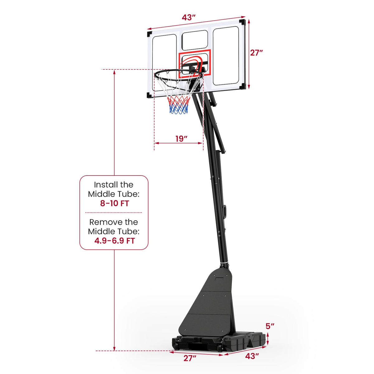 Portable Basketball Hoop Adjustable 4.9-10 Feet with Base