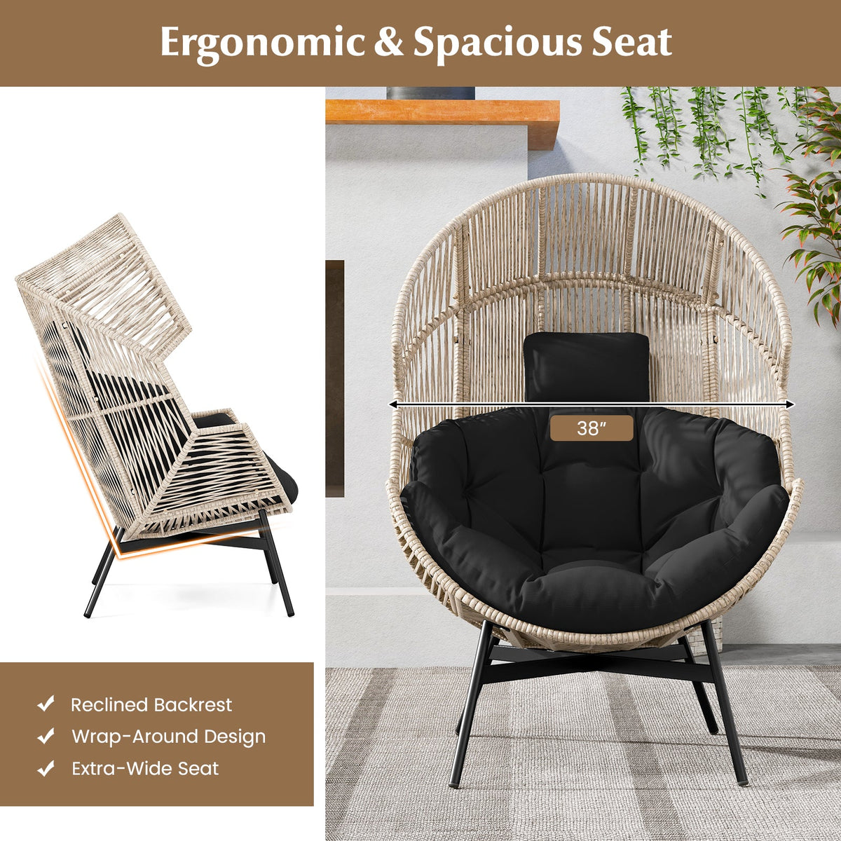Wicker Oversized Egg Style Chair with Cushions and Headrest