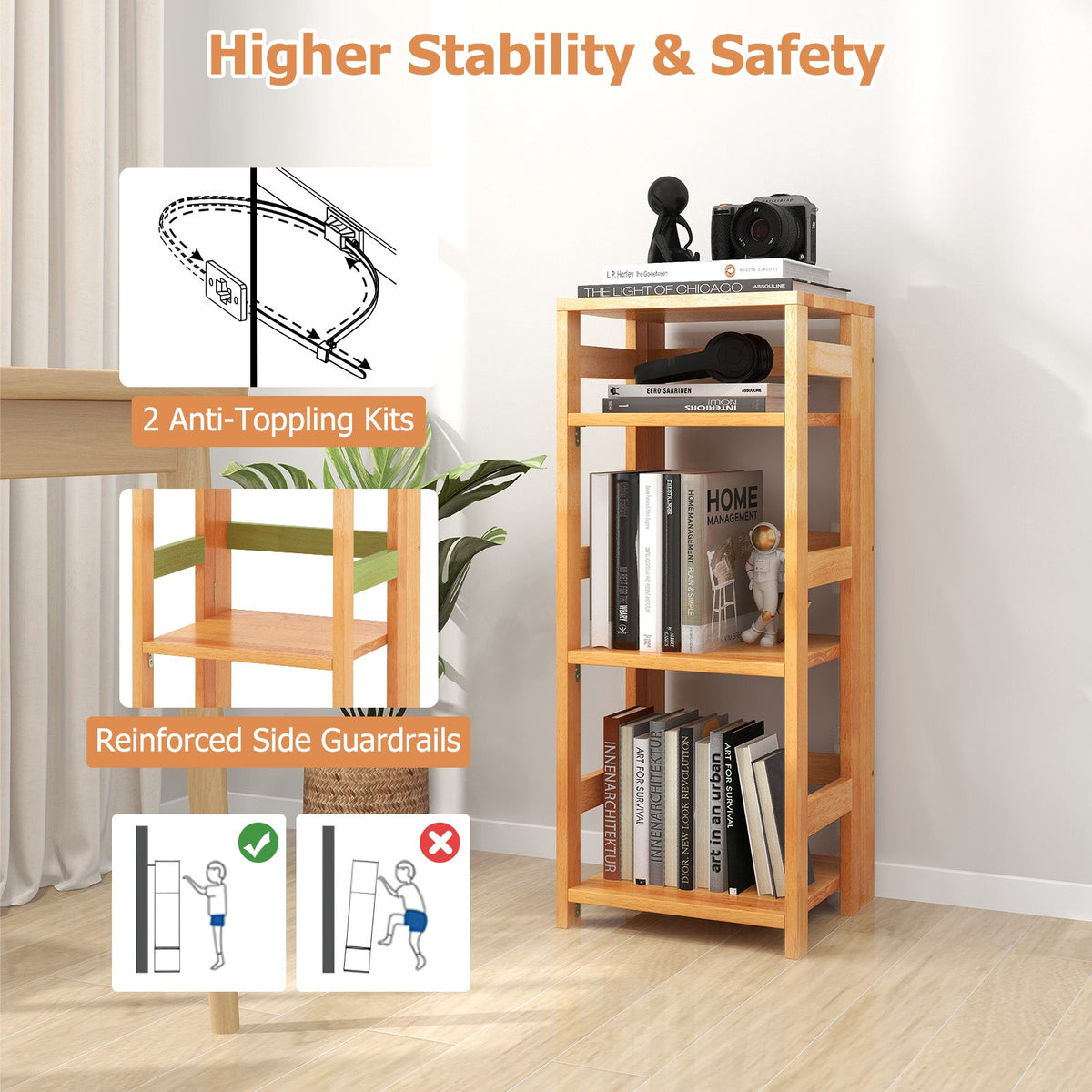 4-Tier Bookshelf Rubber Wood Bookcase with Side Fences for Living Room