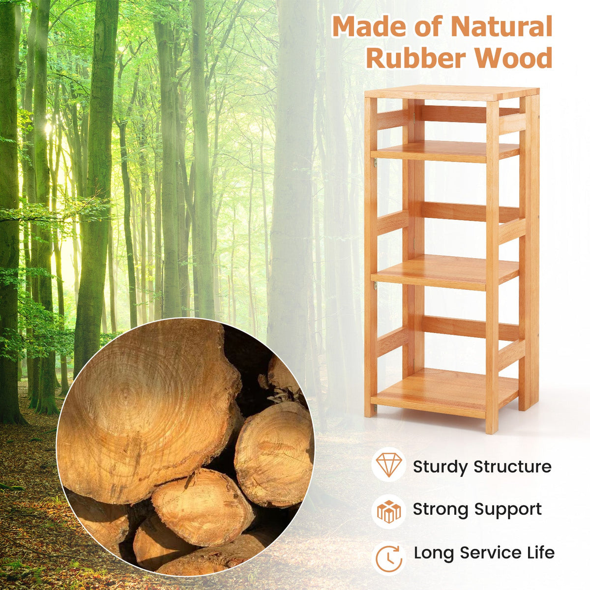 4-Tier Bookshelf Rubber Wood Bookcase with Side Fences for Living Room