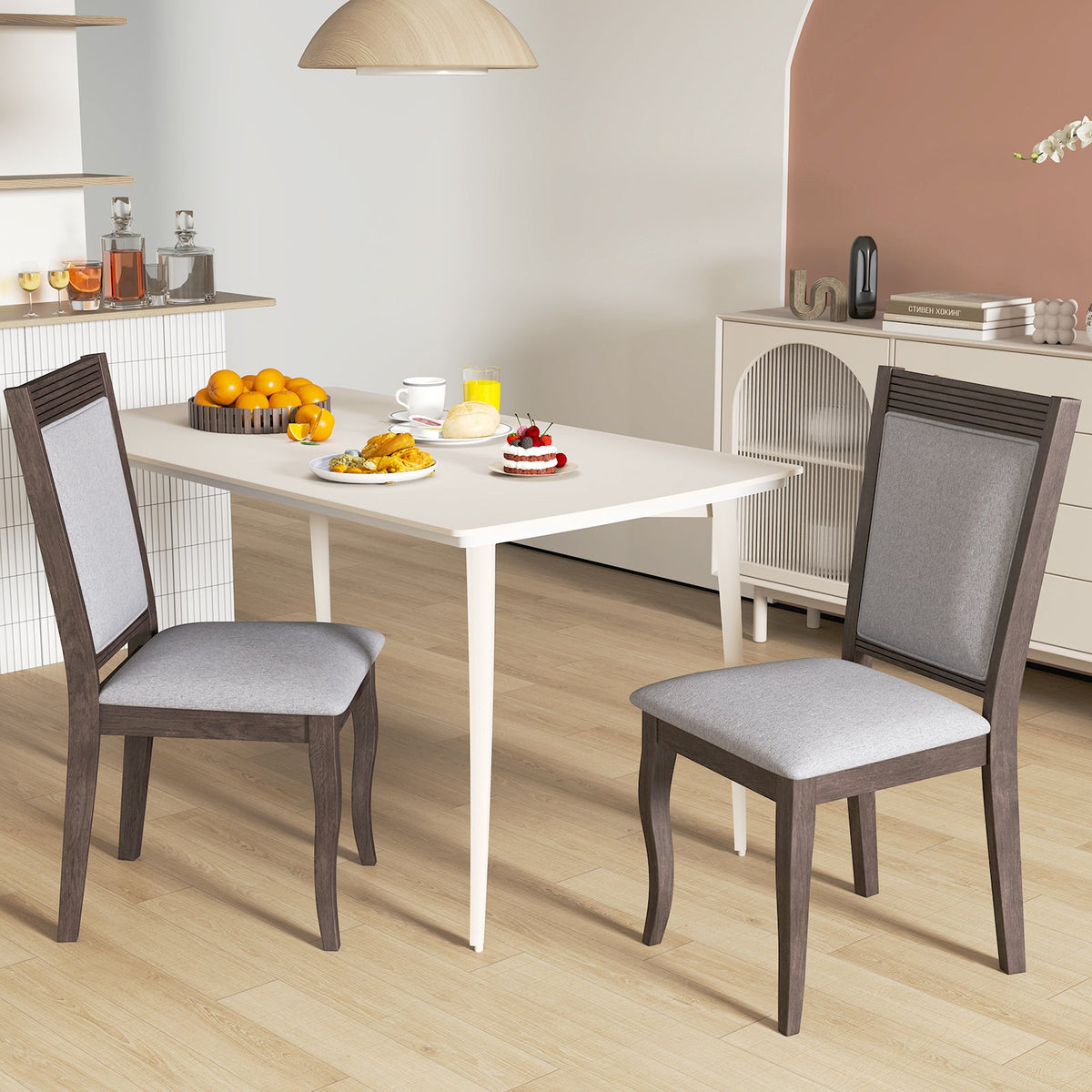 Wood Dining Chairs Set of 2 with Rubber Wood Frame and Padded Seat-Brown