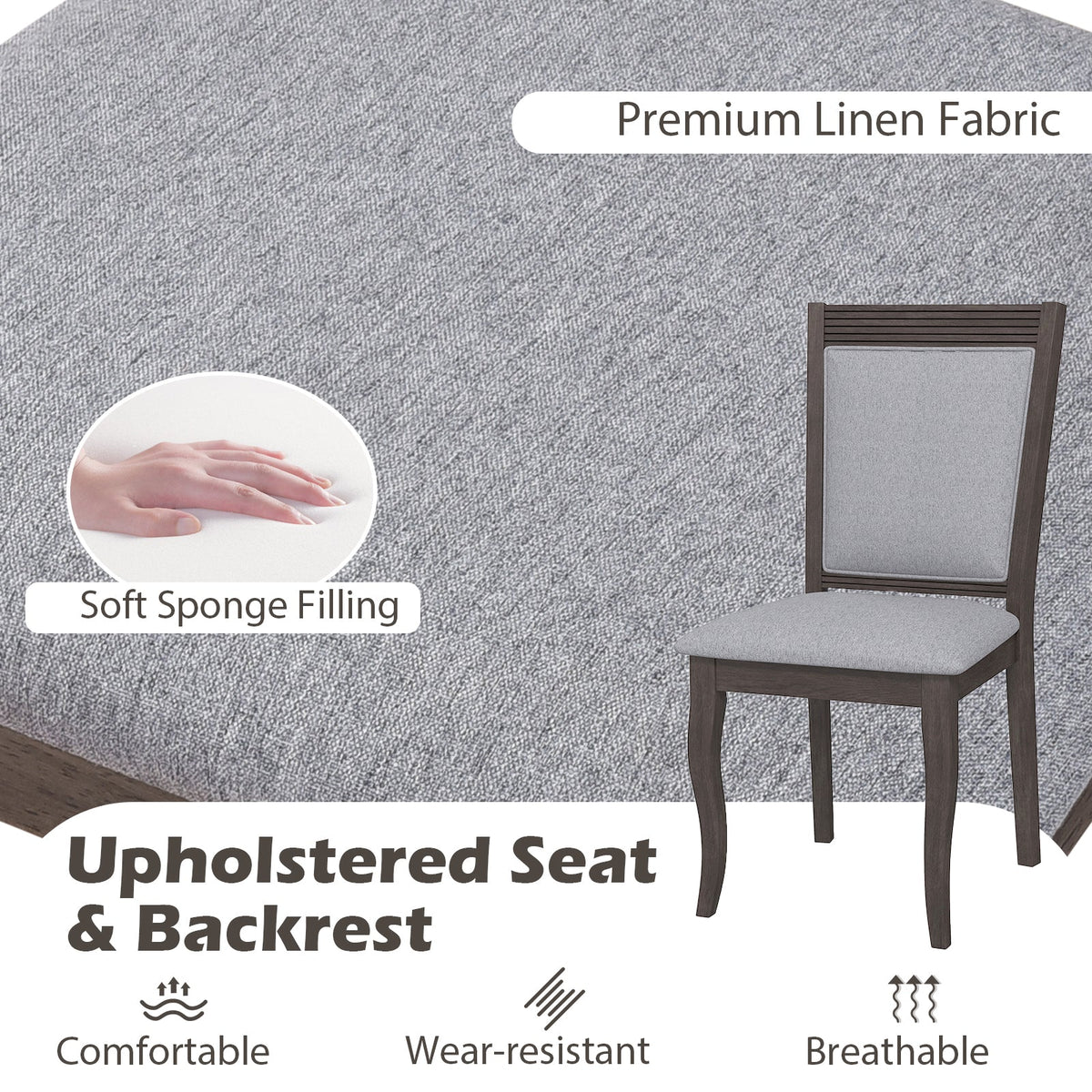 Wood Dining Chairs Set of 2 with Rubber Wood Frame and Padded Seat-Brown