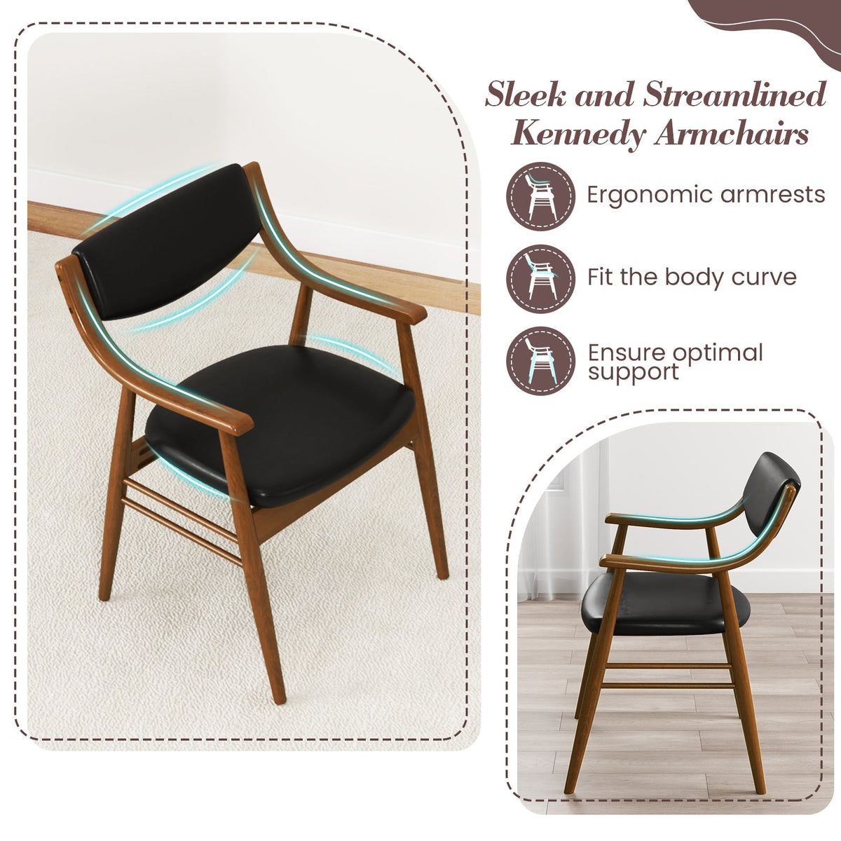 Wooden Dining Chair Set of 2 with Padded Seat and Back