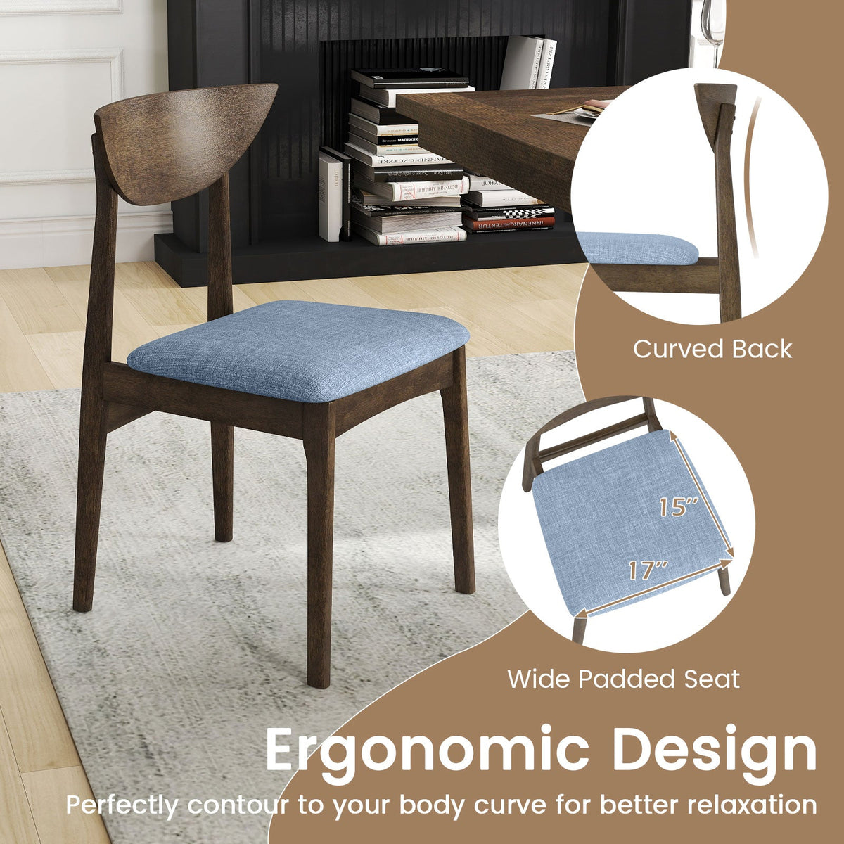 Wooden Dining Chair Set of 2 with Rubber Wood Leg-Brown