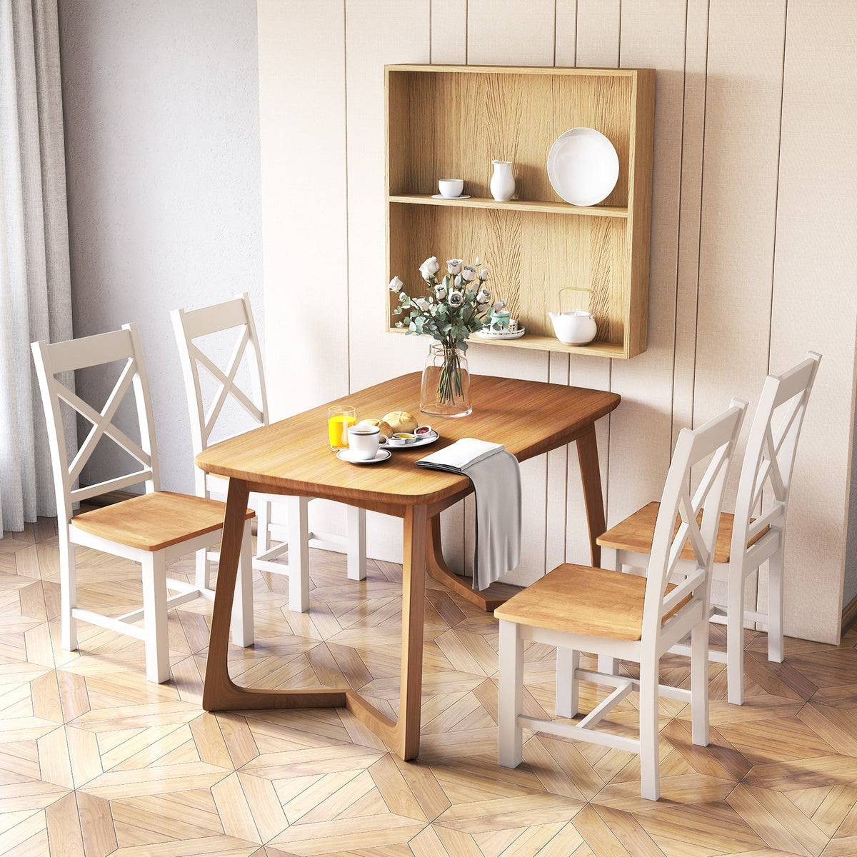 Wooden Dining Chairs Set of 2 with High Back and Rubber Wood Frame-Natural