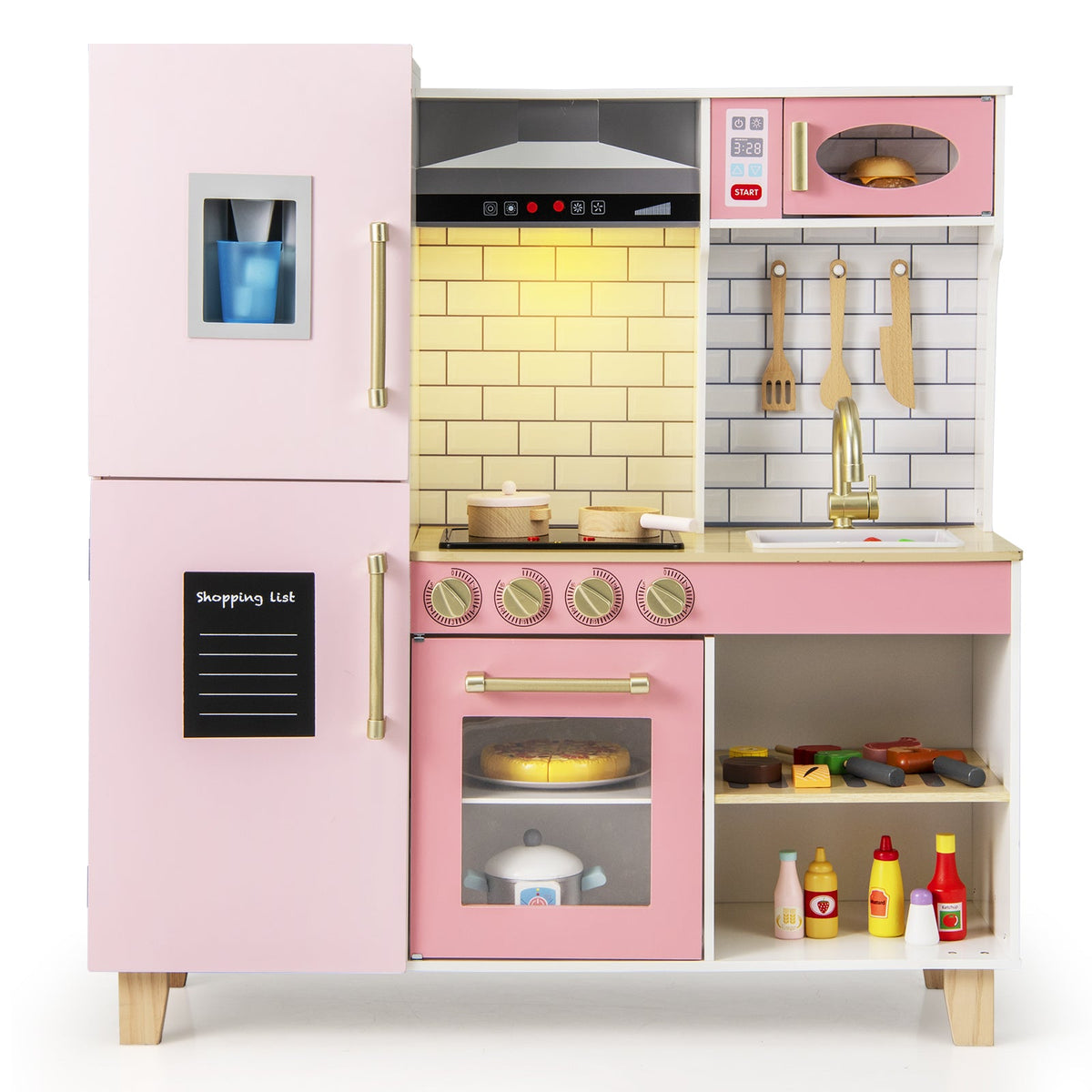 Wooden Pretend Play Kitchen with Ice Maker Range Hood and Blackboard-Pink