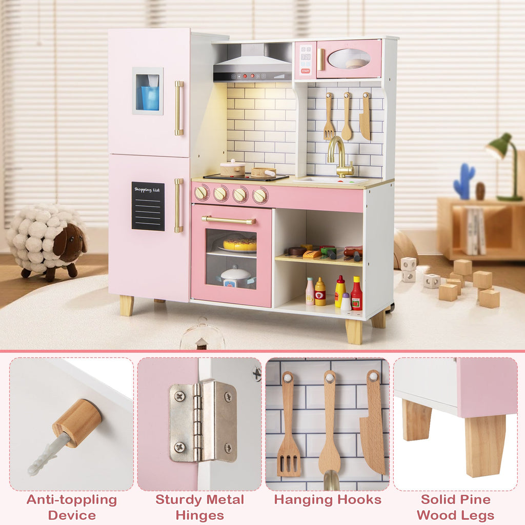 Wooden Pretend Play Kitchen with Ice Maker Range Hood and Blackboard-Pink
